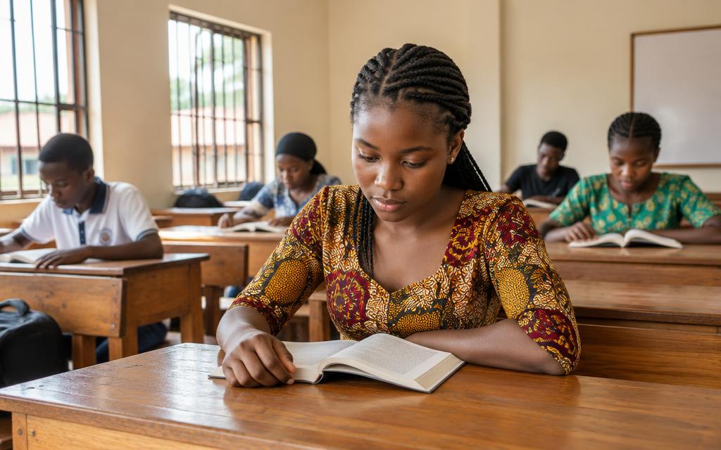 Students reading in a bright classroom